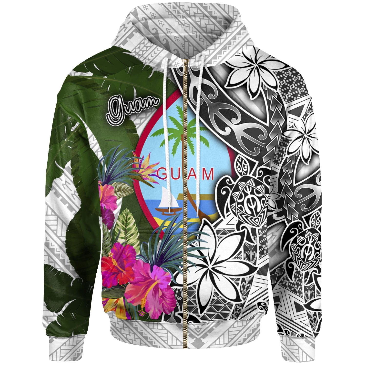 Guam Zip up Hoodie White Turtle Plumeria Banana Leaf Unisex White - Polynesian Pride