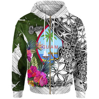 Guam Zip up Hoodie White Turtle Plumeria Banana Leaf Unisex White - Polynesian Pride
