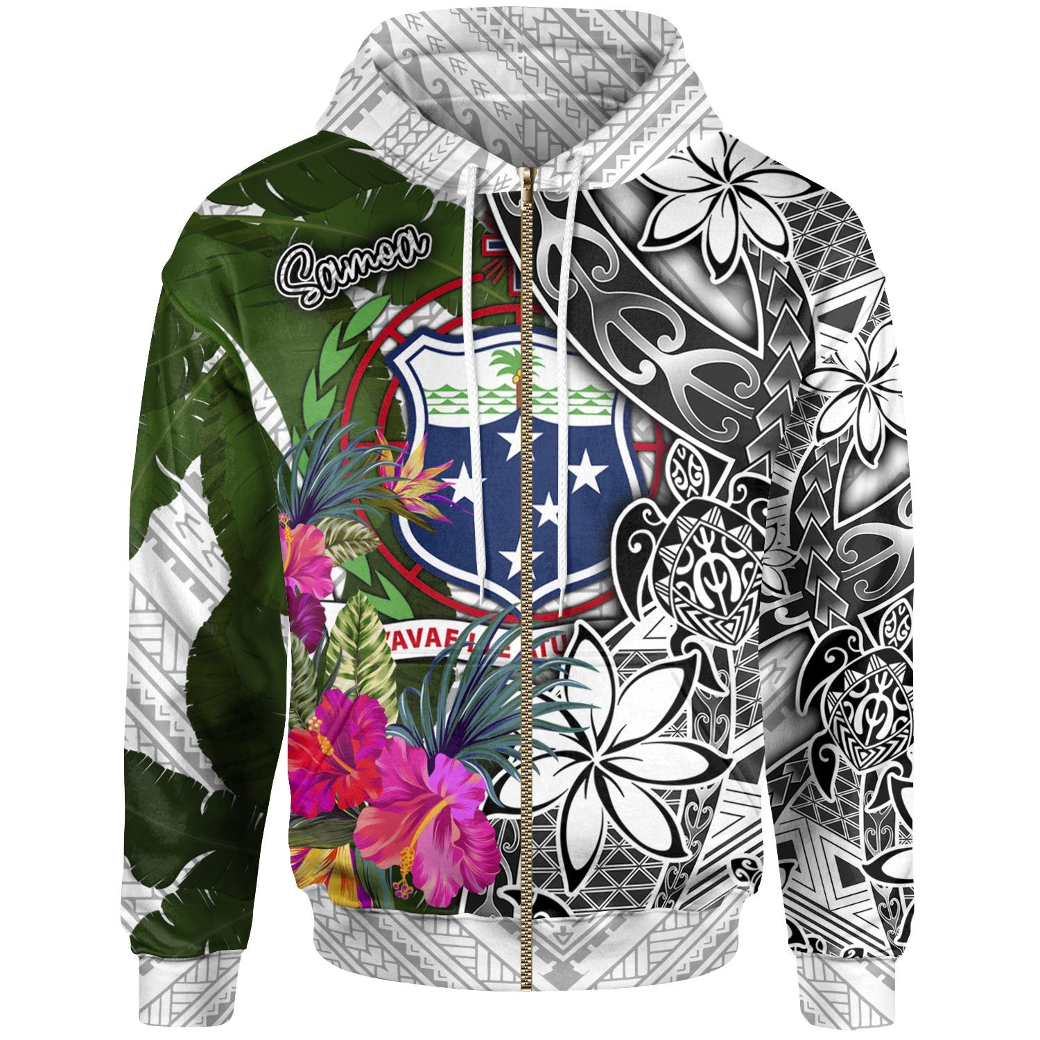 Samoa Zip up Hoodie White Turtle Plumeria Banana Leaf Unisex White - Polynesian Pride