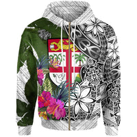 Fiji Zip up Hoodie White Turtle Plumeria Banana Leaf Unisex White - Polynesian Pride
