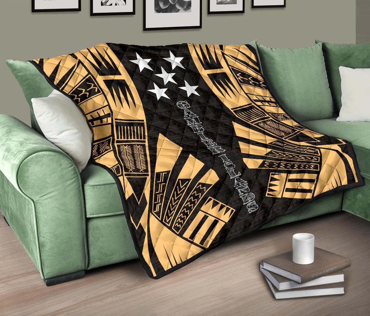Gambier Islands Premium Quilt - Gambier Islands Flag Polynesian Gold Tattoo - Polynesian Pride