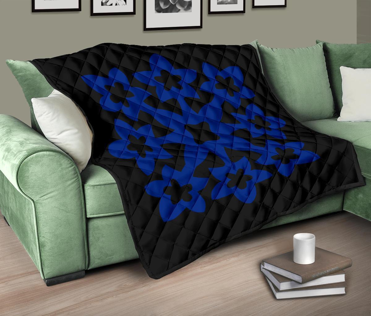 Hawaiian Premium Quilt Royal Pattern - Black And Blue - A1 Style - Polynesian Pride