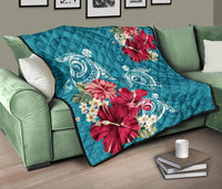 Hawaii Turtle Hibiscus Plumeria Blue Polynesian - Premium Quilt AH - Polynesian Pride