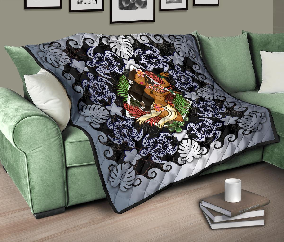 Hawaii Polynesian Premium Quilt - Hawaiian Dancing Girl Silver - Polynesian Pride