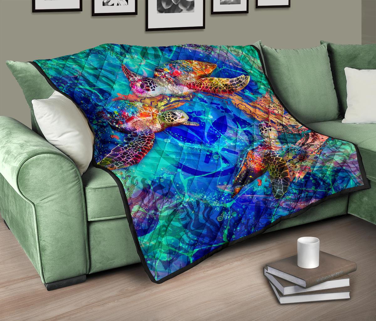 Hawaii Polynesian Premium Quilt - Kanaka Maoli Sea Turtle Coral Treasure - Polynesian Pride