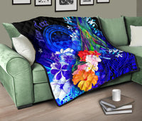 Federated States of Micronesia Custom Personalised Premium Quilt - Humpback Whale with Tropical Flowers (Blue) - Polynesian Pride