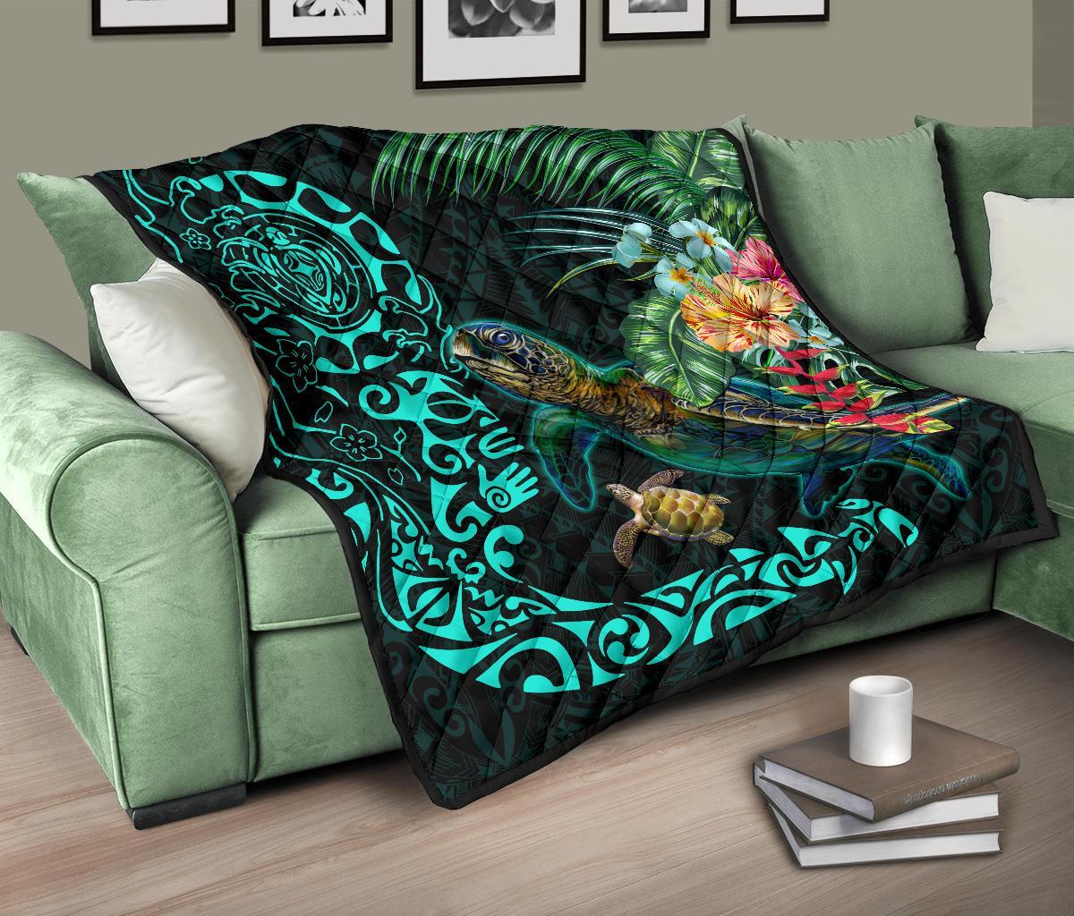 Tiki Polynesian Premium Quilt Turtle Hibiscus - Polynesian Pride
