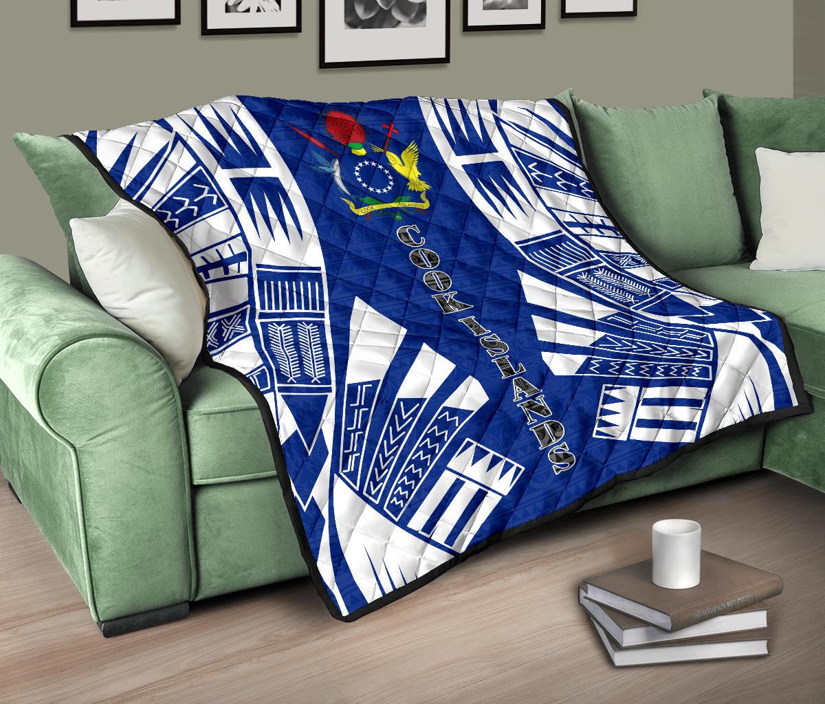 Cook Islands Premium Quilt - Cook Islands Polynesian White Tattoo (Blue) - Polynesian Pride