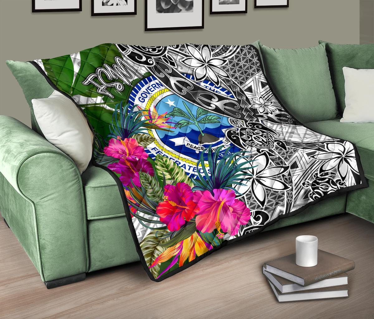 Federated States of Micronesia Premium Quilt White - Turtle Plumeria Banana Leaf - Polynesian Pride