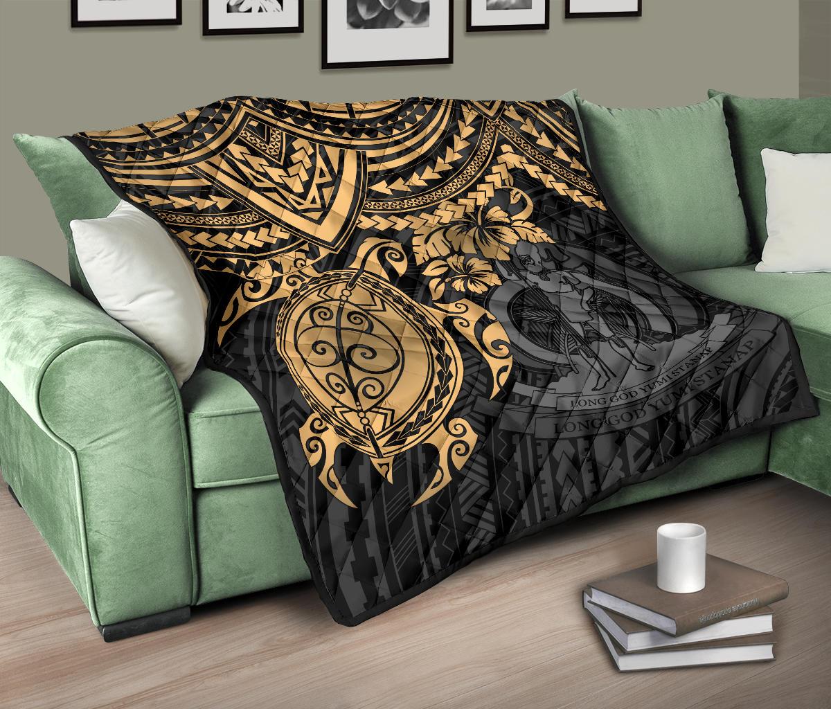 Vanuatu Polynesian Premium Quilt - Vanuatu Coat Of Arms & Gold Turtle Hibiscus - Polynesian Pride