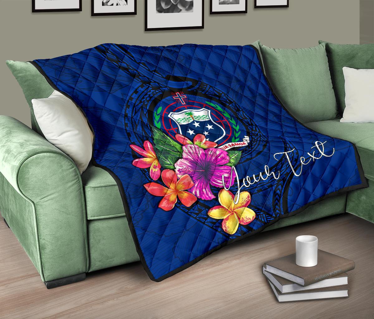 Samoa Polynesian Custom Personalised Premium Quilt - Floral With Seal Blue Blue - Polynesian Pride