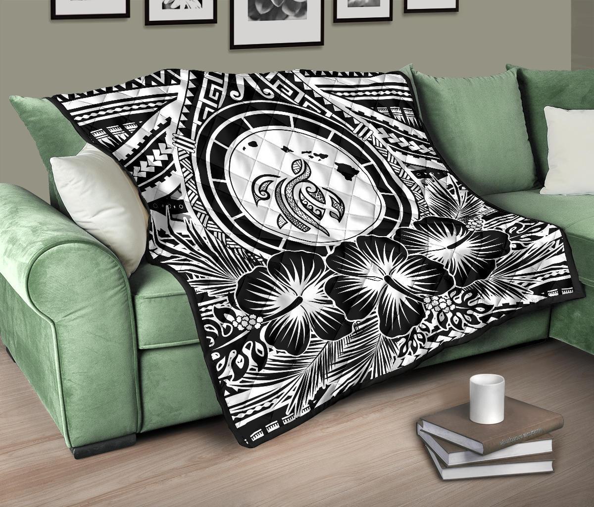 Hawaii Premium Quilt - Hawaii Map Honu Hibiscus White Polynesian Premium Quilt - Polynesian Pride