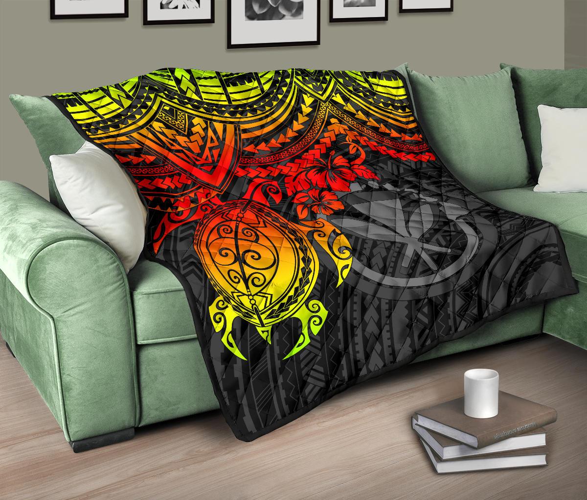 Hawaii Polynesian Premium Quilt - Kanaka Maoli & Reggae Turtle Hibiscus - Polynesian Pride