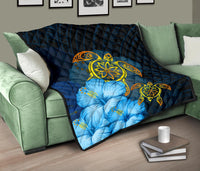 Hawaii Premium Quilt - Turtle Hibiscus Pattern Hawaiian Premium Quilt - Blue - Polynesian Pride