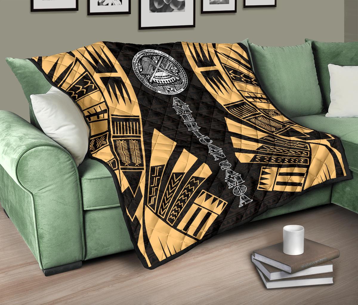 American Samoa Premium Quilt - American Samoa Seal Polynesian Gold Tattoo - Polynesian Pride