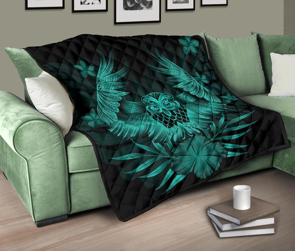 Hawaii Owl Hibiscus Plumeria Premium Quilt - Turquoise - Polynesian Pride