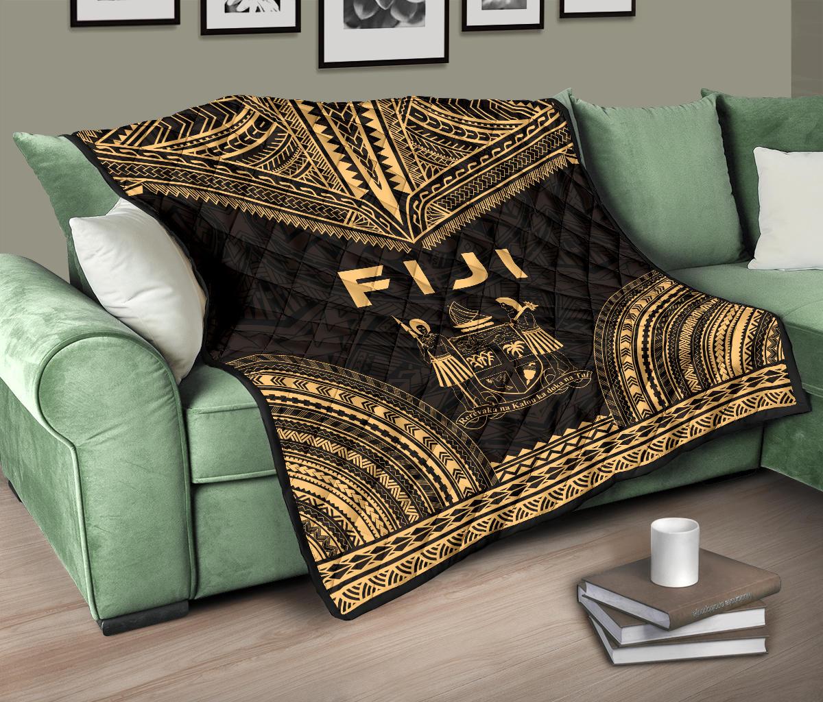 Fiji Premium Quilt - Fiji Coat Of Arms Polynesian Chief Gold Version - Polynesian Pride