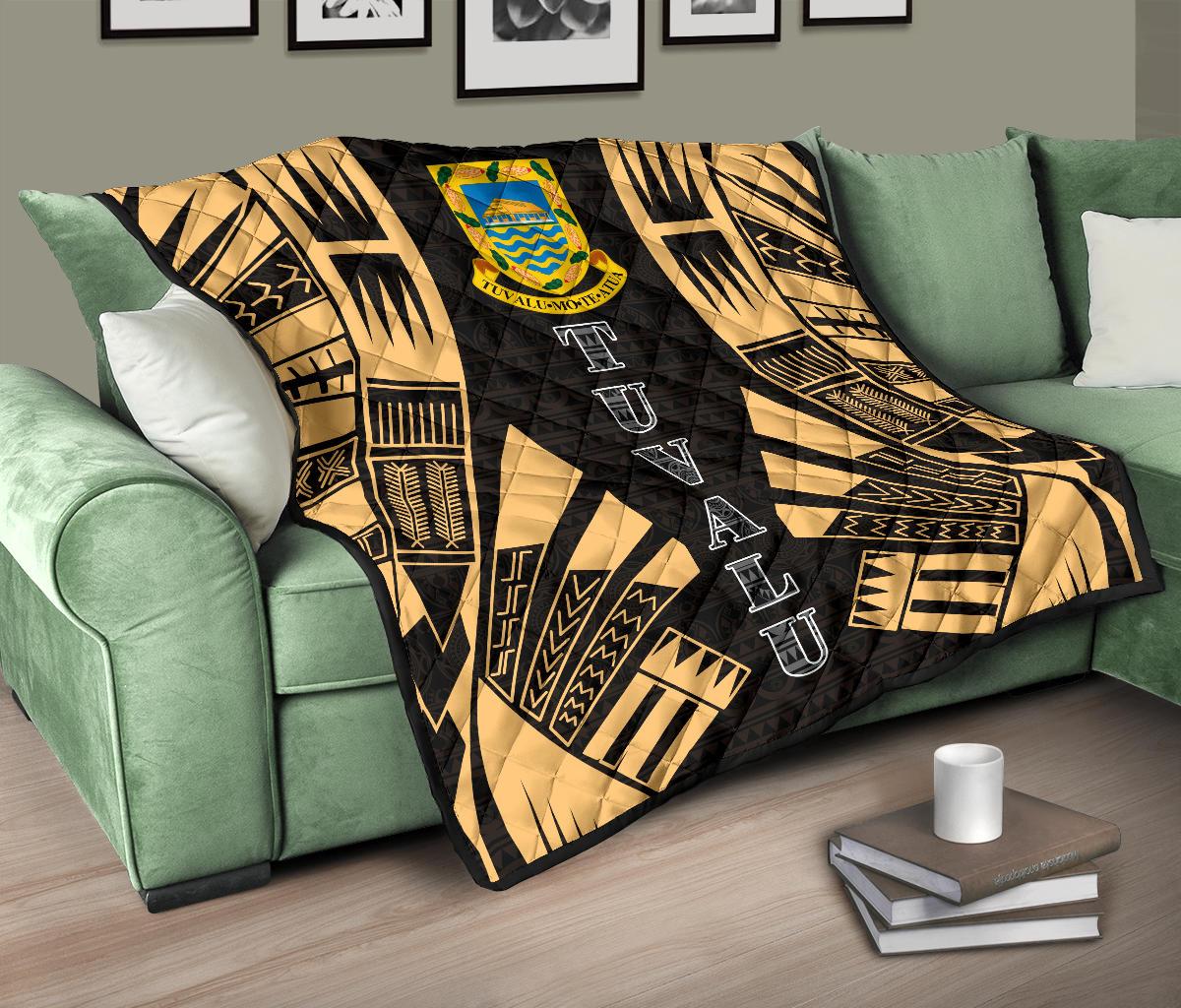 Tuvalu Premium Quilt - Tuvalu Coat Of Arms Polynesian Gold Tattoo - Polynesian Pride