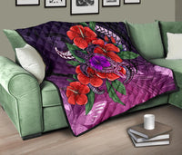 Polynesian Premium Quilt - Purple Hibiscus Turtle Flowing - Polynesian Pride