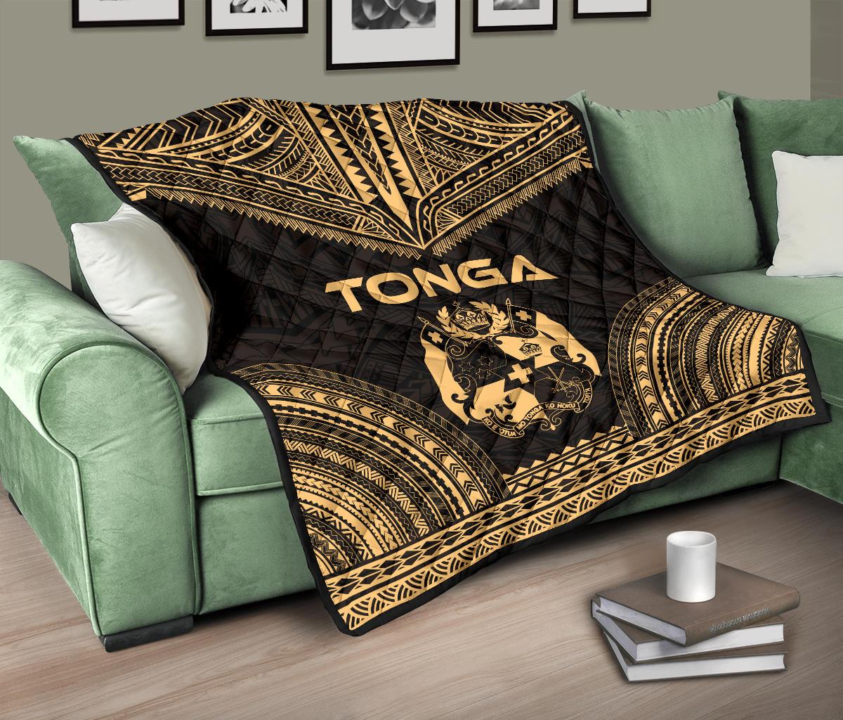 Tonga Premium Quilt - Tonga Coat Of Arms Polynesian Chief Gold Version - Polynesian Pride