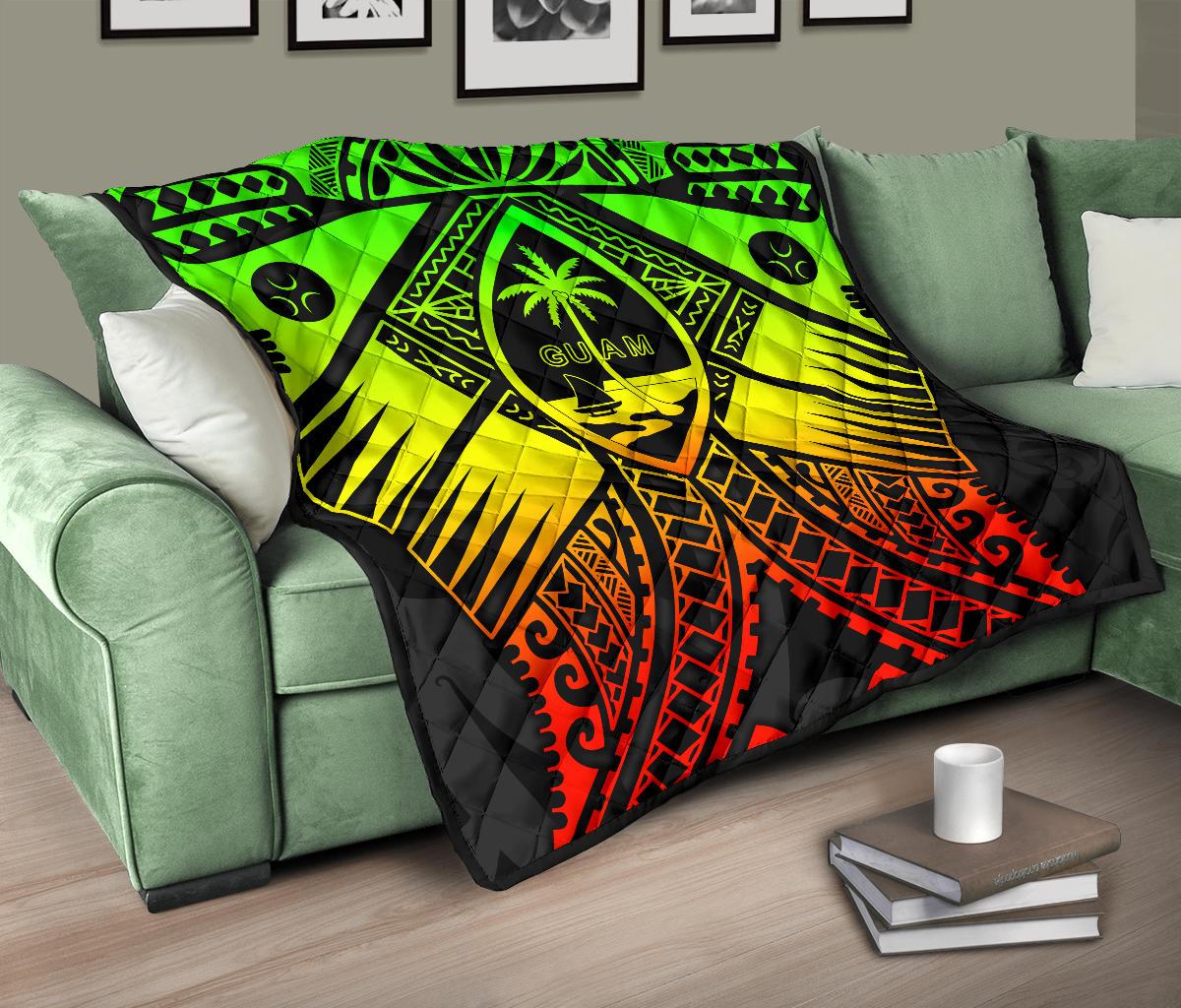 Guam Polynesian Premium Quilt - Guam Reggae Seal with Polynesian Tattoo - Polynesian Pride