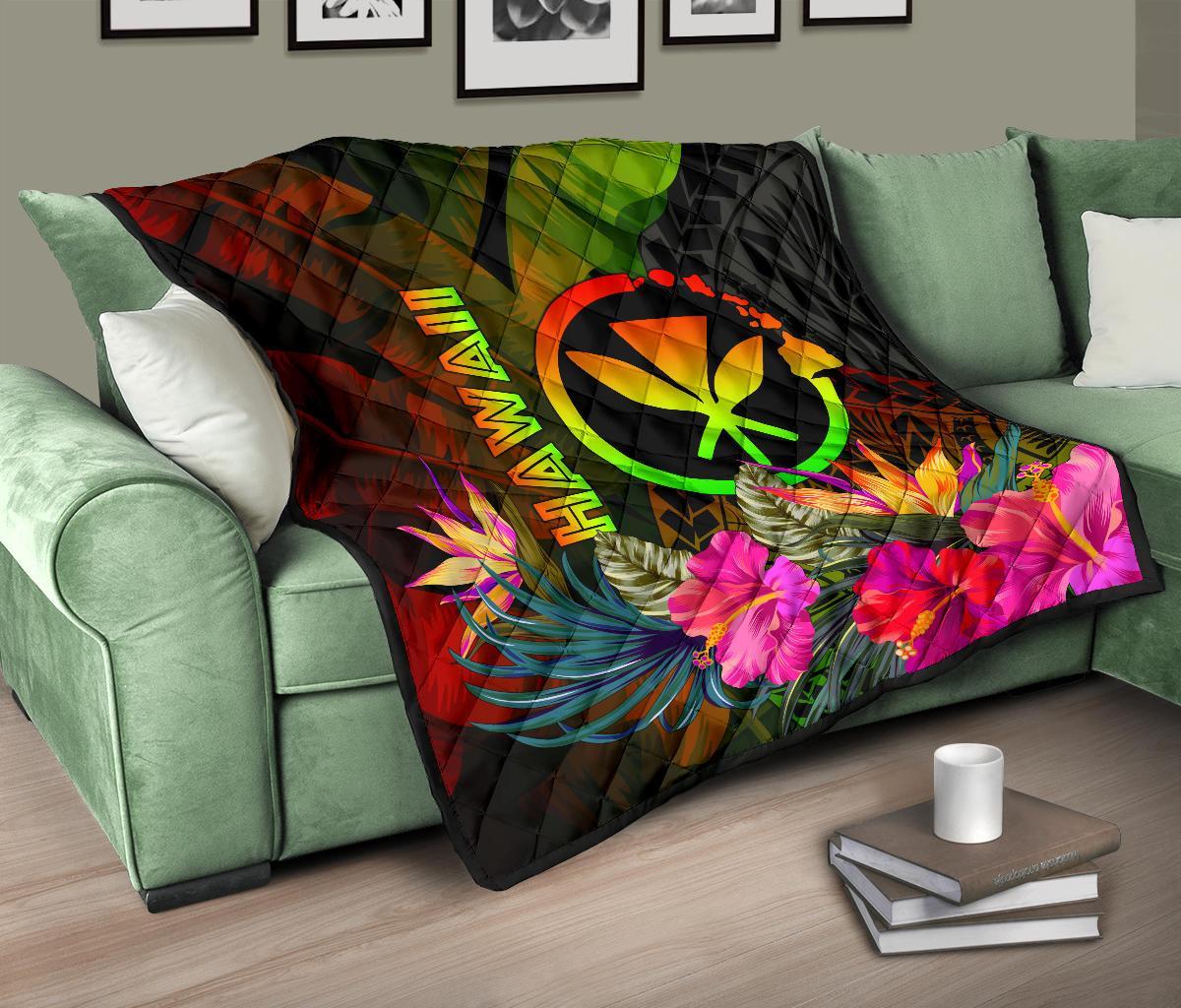 Polynesian Hawaii Kanaka Maoli Polynesian Premium Quilt - Hibiscus and Banana Leaves - Polynesian Pride