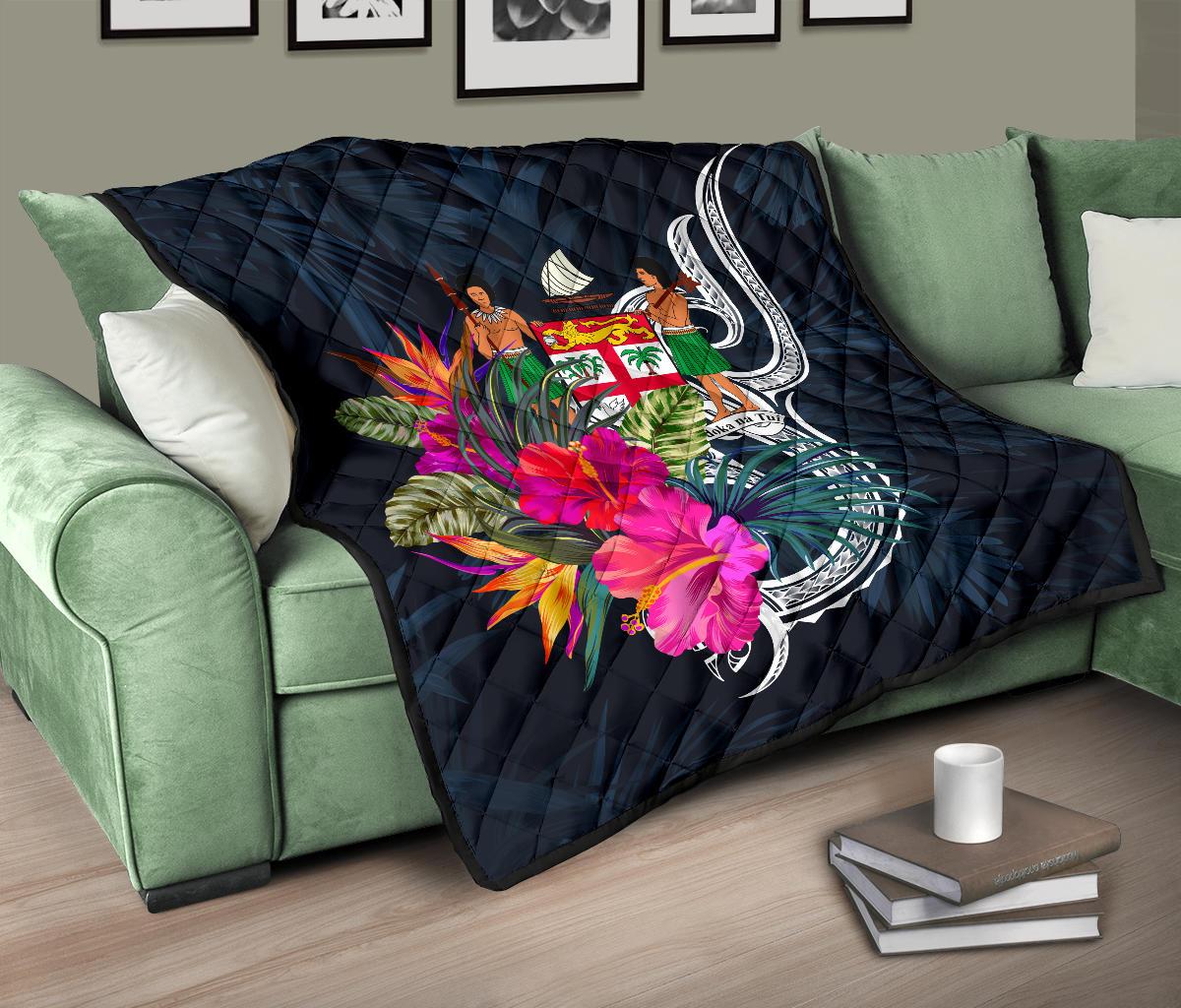 Fiji Polynesian Premium Quilt - Tropical Flower Blue - Polynesian Pride