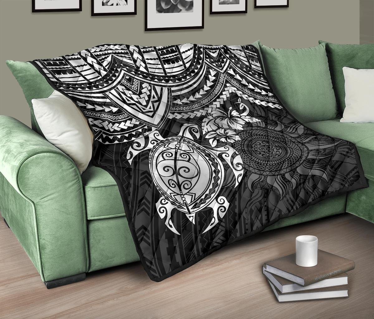 Polynesian Premium Quilt - Polynesian White Turtle Hibiscus - Polynesian Pride