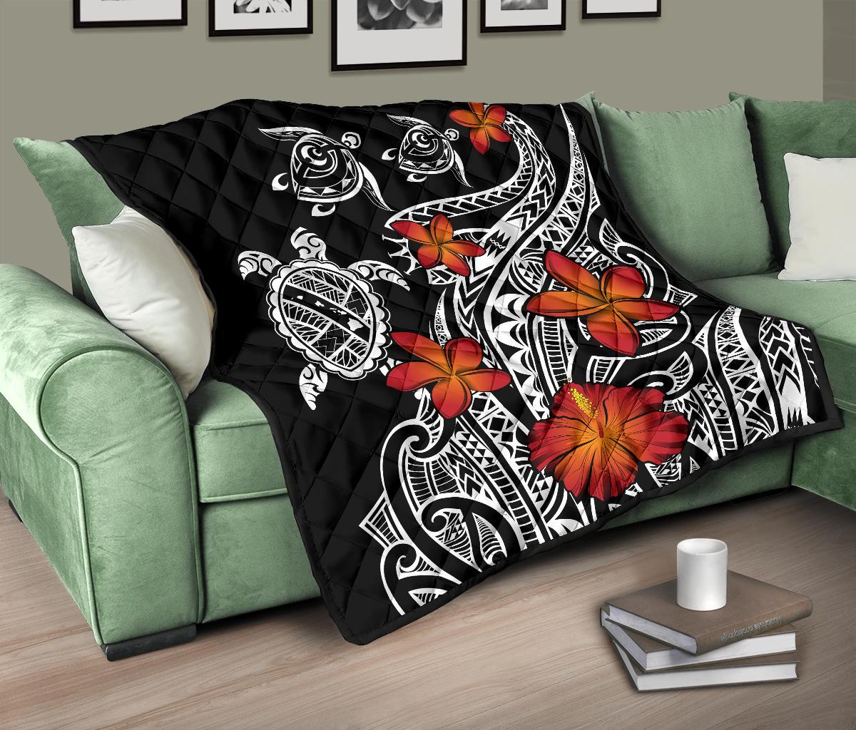 Hawaiian Map Turtle Swim Plumeria Polynesian Quilt - Polynesian Pride