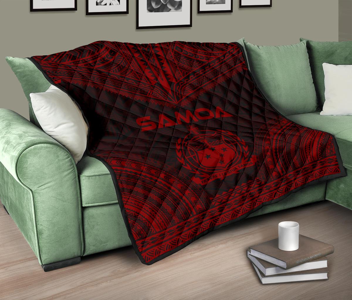 Samoa Premium Quilt - Samoa Coat Of Arms Polynesian Chief Dark Red Version - Polynesian Pride