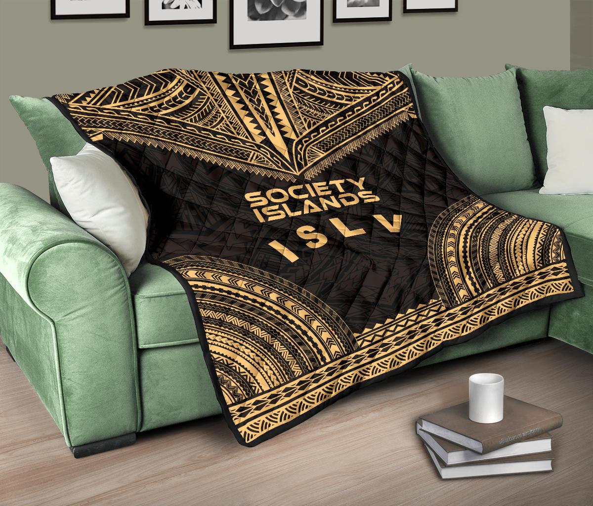 Society Islands Premium Quilt - Society Islands Flag Polynesian Chief Gold Version - Polynesian Pride