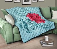 Hawaii Polynesian Turtle Hibiscus Blue Premium Quilt - Bless Style - Polynesian Pride