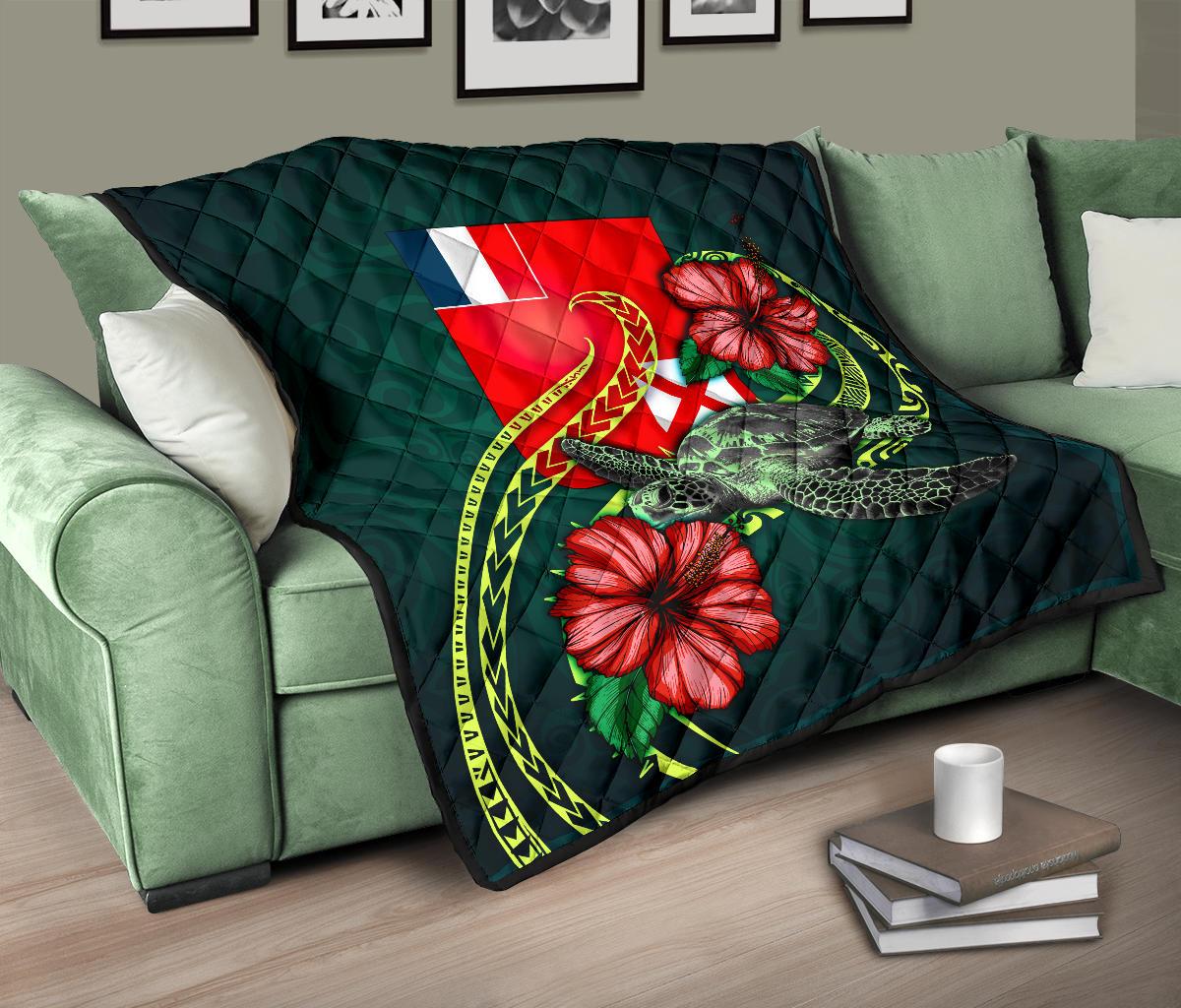 Wallis and Futuna Polynesian Premium Quilt - Green Turtle Hibiscus - Polynesian Pride