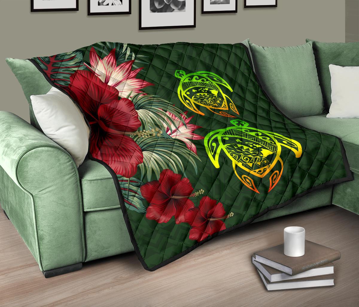 Hawaii Premium Quilt - Turtle Hibiscus Pattern Hawaiian Premium Quilt - Green - Polynesian Pride