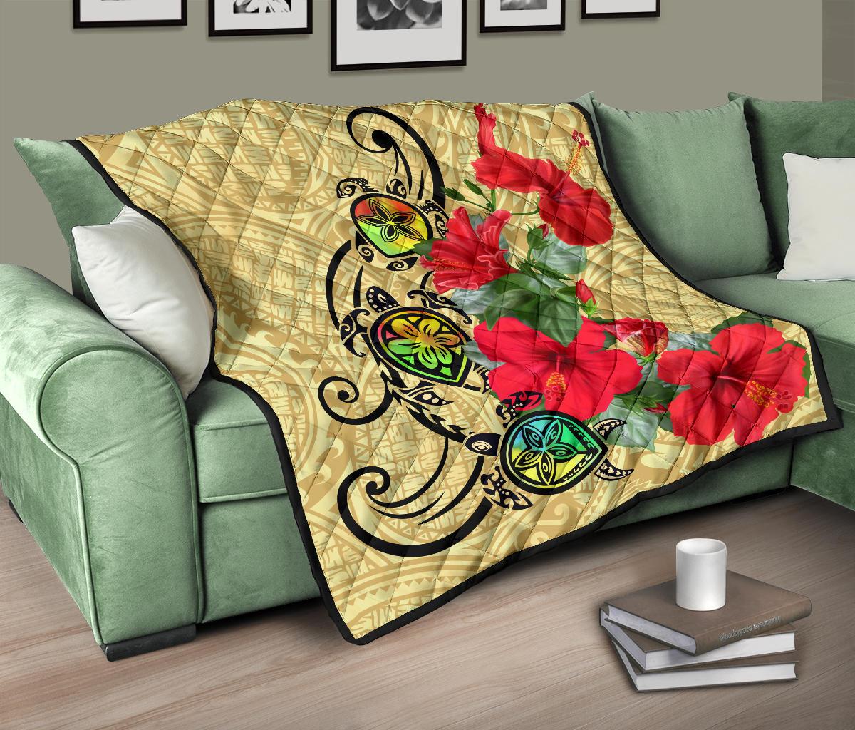 Hawaiian Marble Turtles Hibiscus Premium Quilt - Polynesian Pride