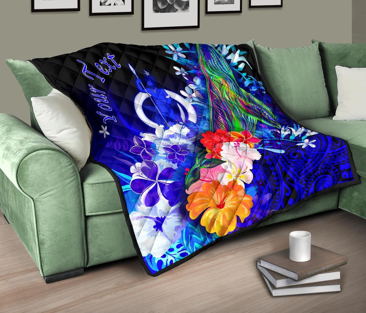 Vanuatu Custom Personalised Premium Quilt - Humpback Whale with Tropical Flowers (Blue) - Polynesian Pride