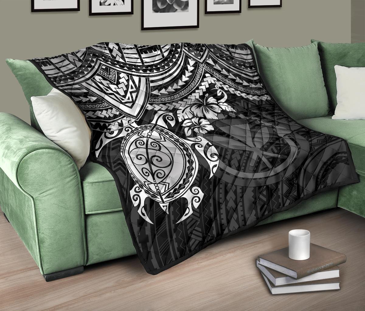 Hawaii Polynesian Premium Quilt - Kanaka Maoli & White Turtle Hibiscus - Polynesian Pride