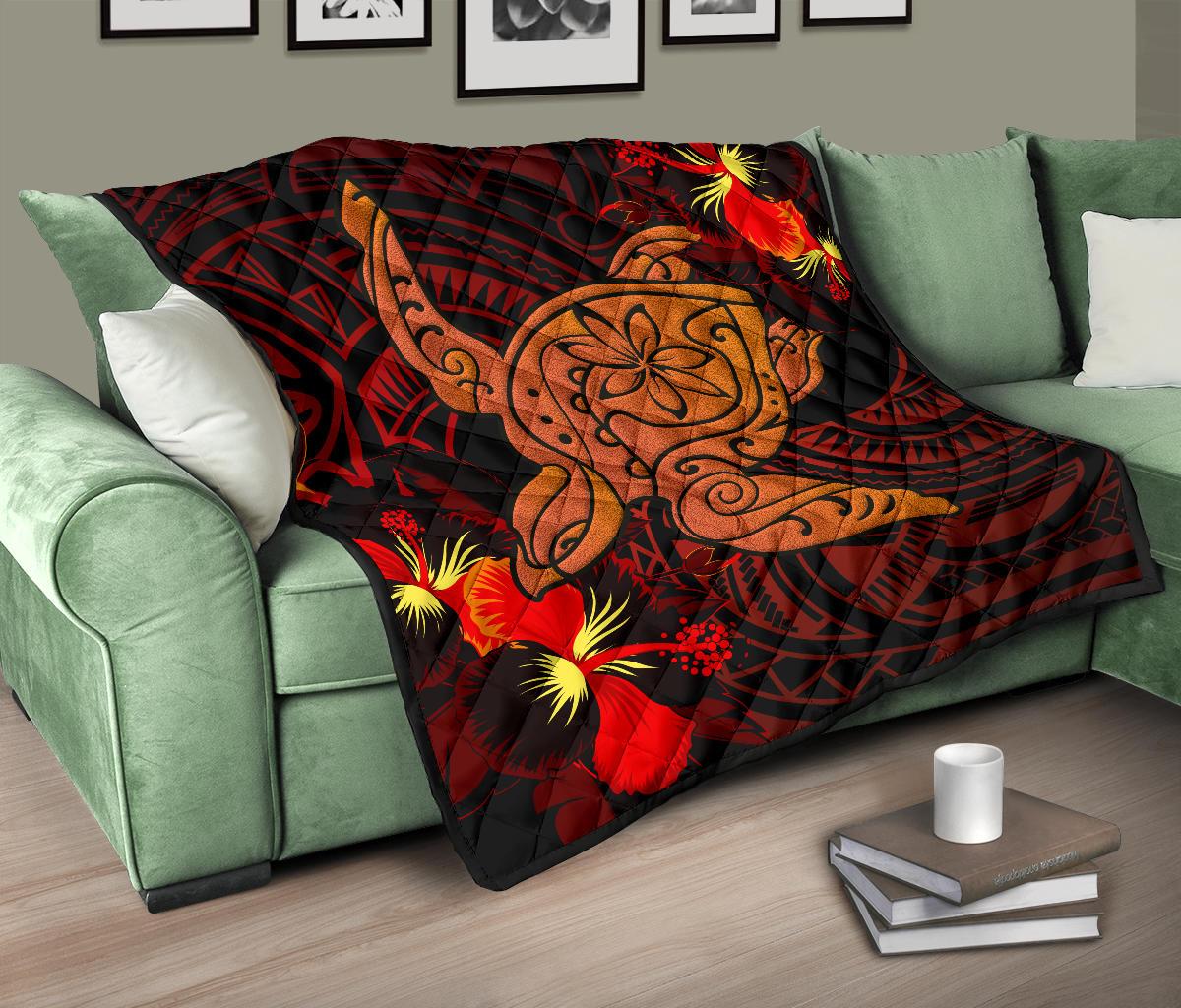 Hawaii Hibiscus Polynesian Red Big Turtle Premium Quilt - Polynesian Pride
