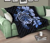 Hawaiian Kanaka Hibiscus Plumeria Mix Polynesian Turtle Premium Quilt Blue AH - Polynesian Pride