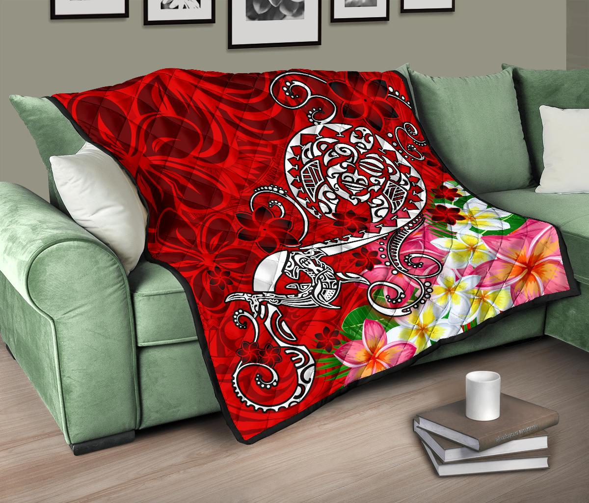 Polynesian Premium Quilt - Turtle Plumeria Red Color - Polynesian Pride