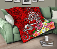 Polynesian Premium Quilt - Turtle Plumeria Red Color - Polynesian Pride