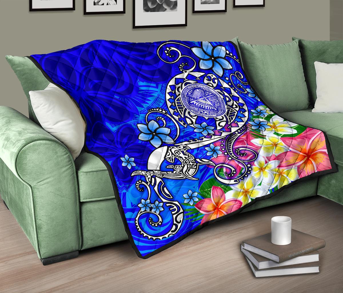 American Samoa Polynesian Premium Quilt - Turtle Plumeria (Blue) - Polynesian Pride