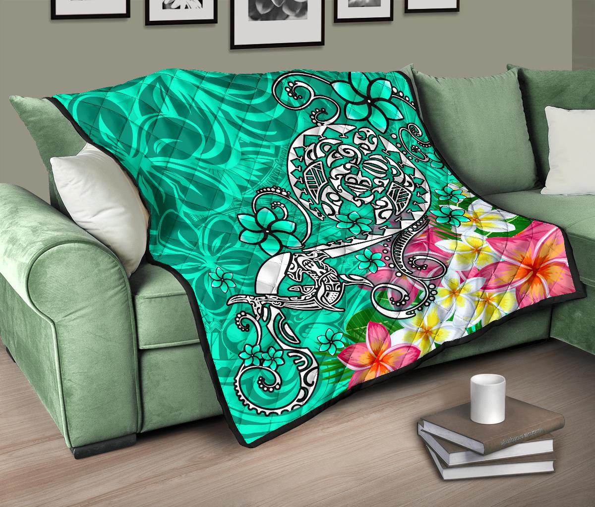 Polynesian Premium Quilt - Turtle Plumeria Turquoise Color - Polynesian Pride