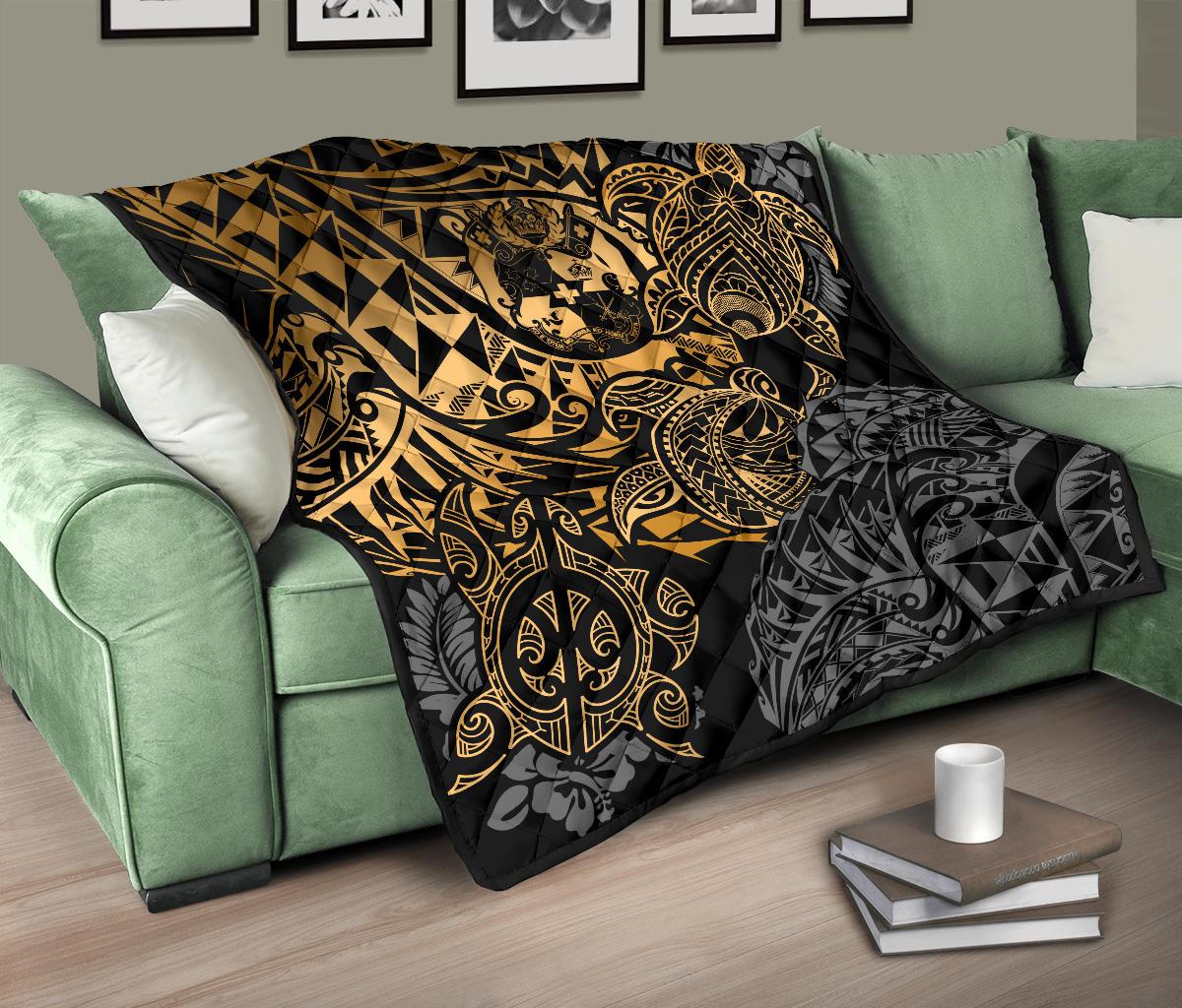Tonga Polynesian Premium Quilt - Gold Turtle Flowing - Polynesian Pride