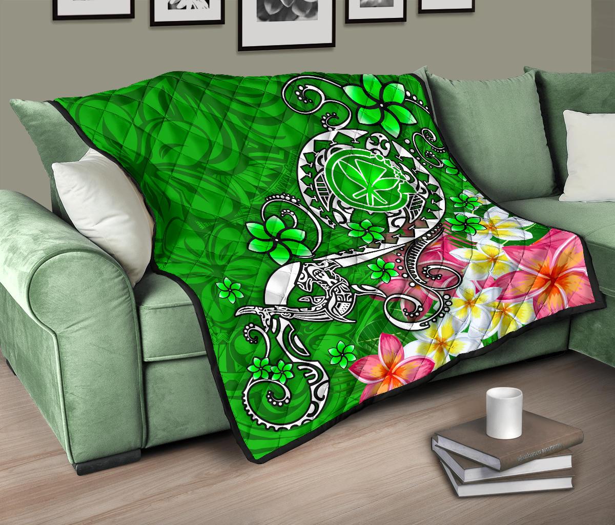 Hawaii Premium Quilt - Turtle Plumeria Polynesian Tattoo Green Color - Polynesian Pride