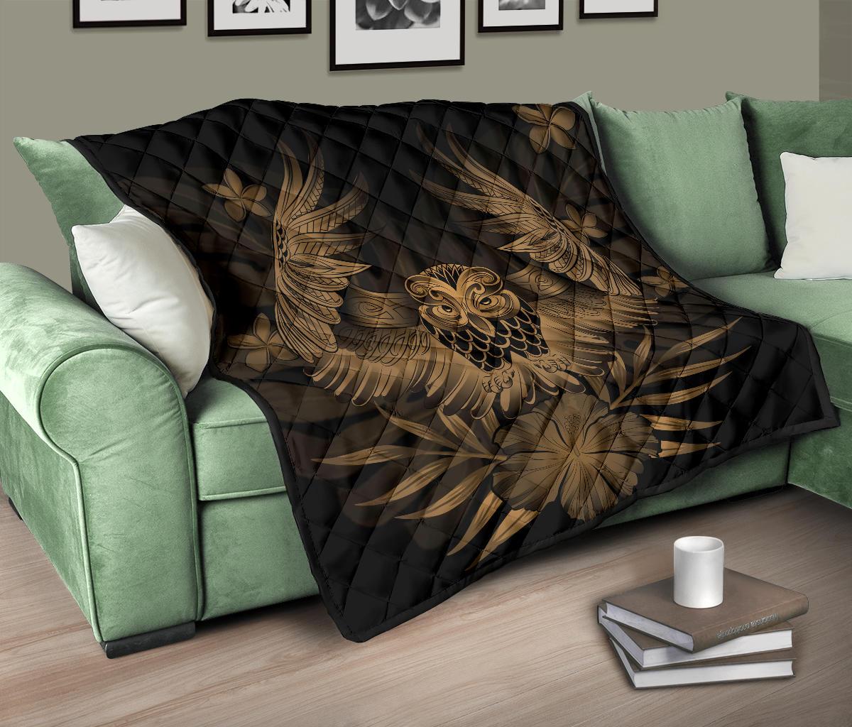 Hawaii Owl Hibiscus Plumeria Premium Quilt - Gold - Polynesian Pride