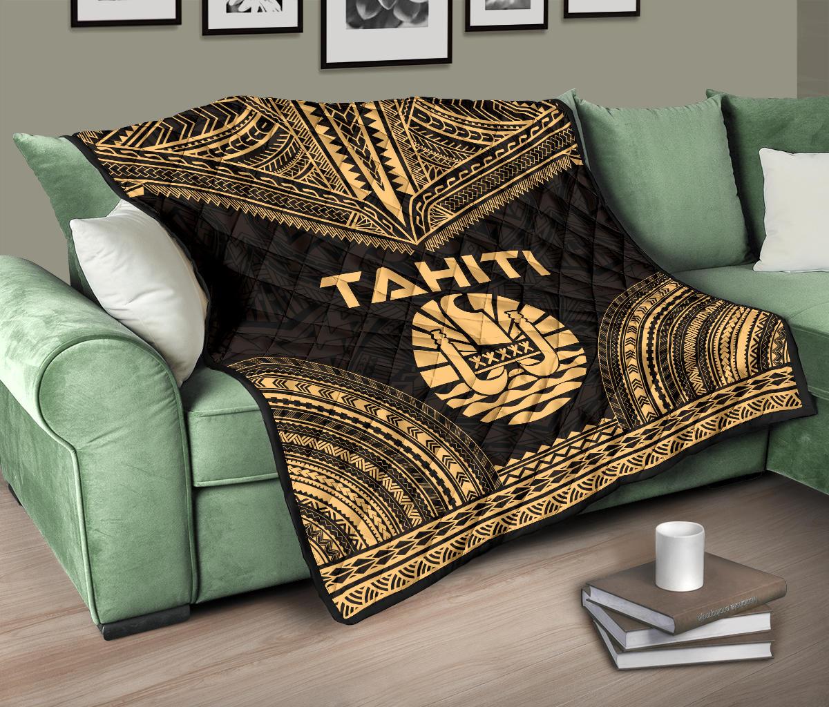 Tahiti Premium Quilt - Tahiti Flag Polynesian Chief Gold Version - Polynesian Pride