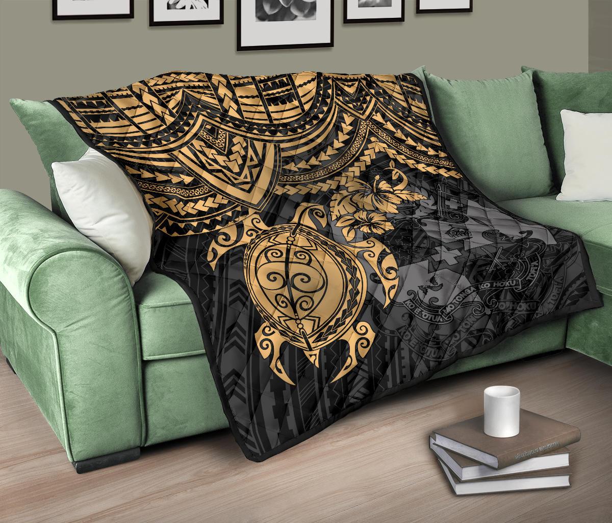 Tonga Polynesian Premium Quilts - Tonga Coat Of Arms & Golden Turtle Hibiscus - Polynesian Pride