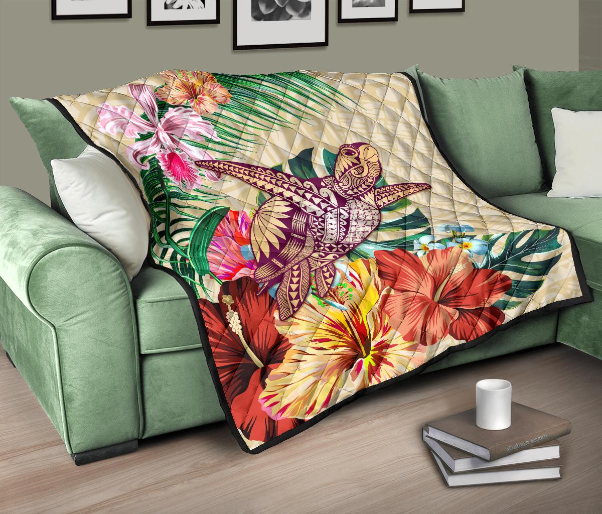 Hawaii Tropical Hibiscus Plumeria Turtle Beige Premium Quilt - Polynesian Pride