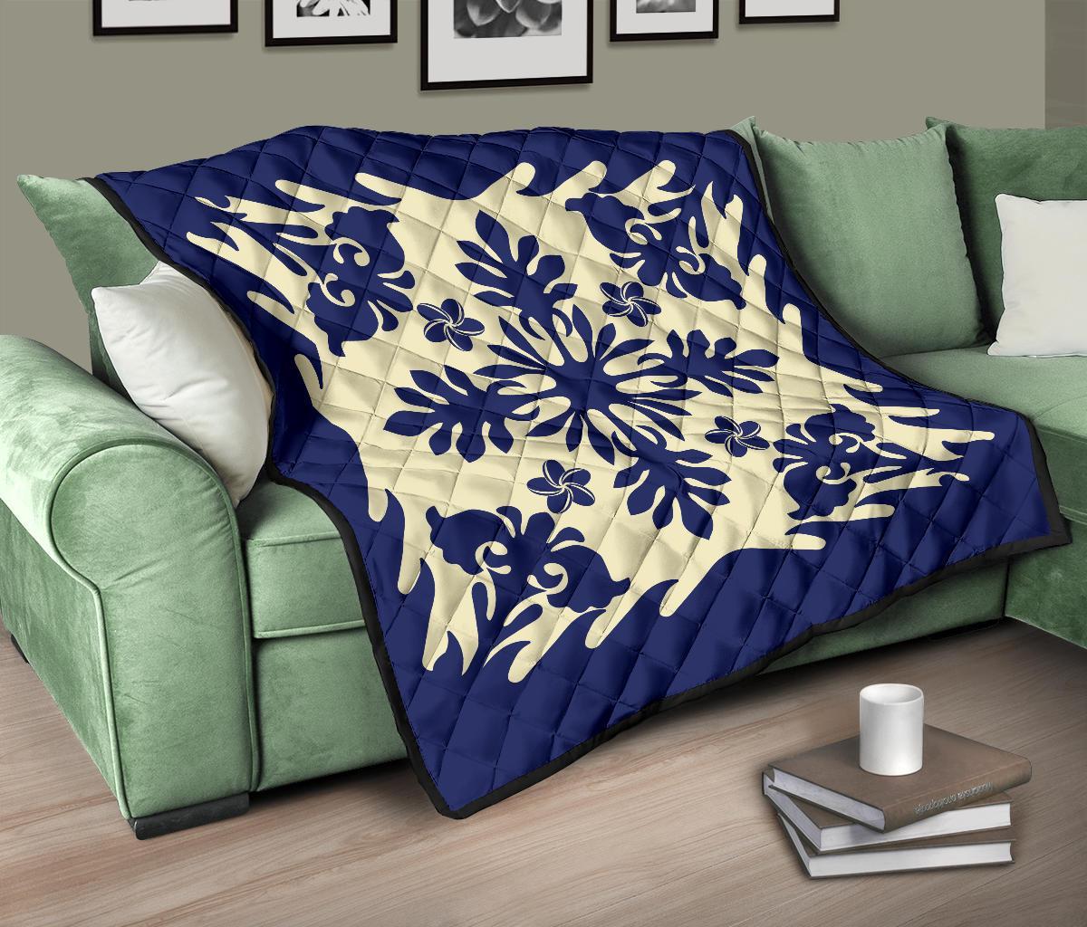Hawaiian Plumeria Tropical Pattern Premium Quilt - Blue - Argu Style - AH - Polynesian Pride